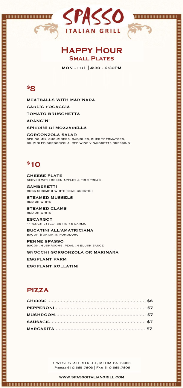 Spasso Happy Hour Menu