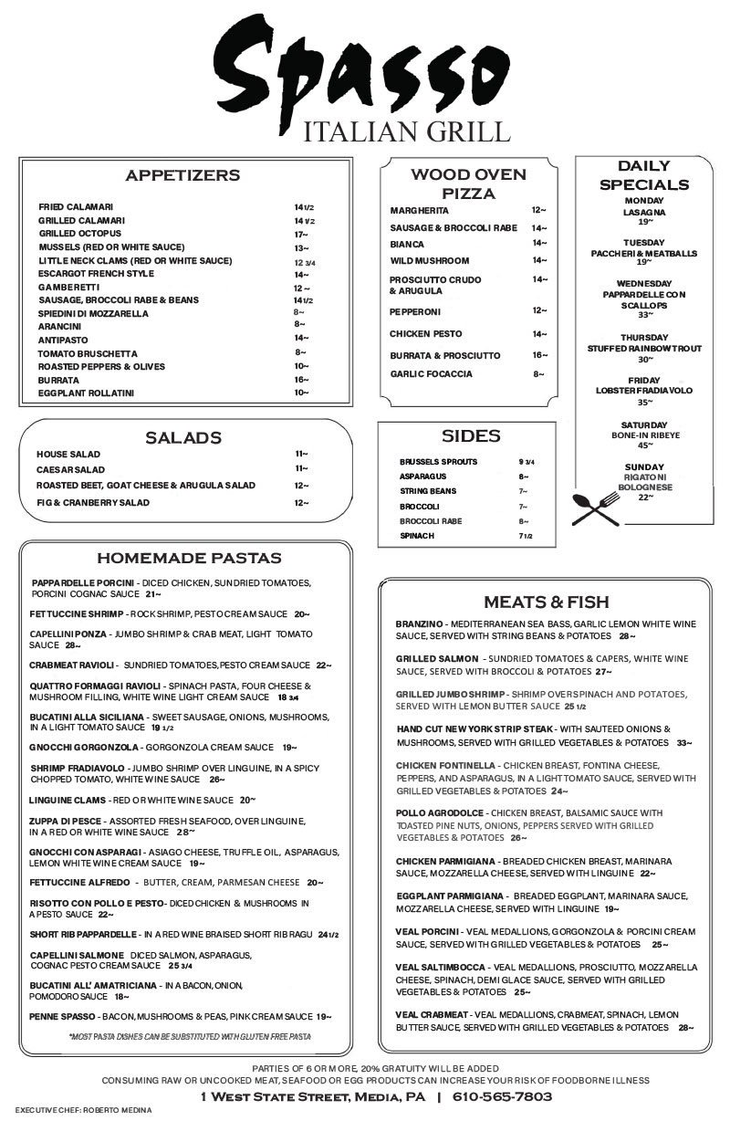 Spasso Dinner Menu
