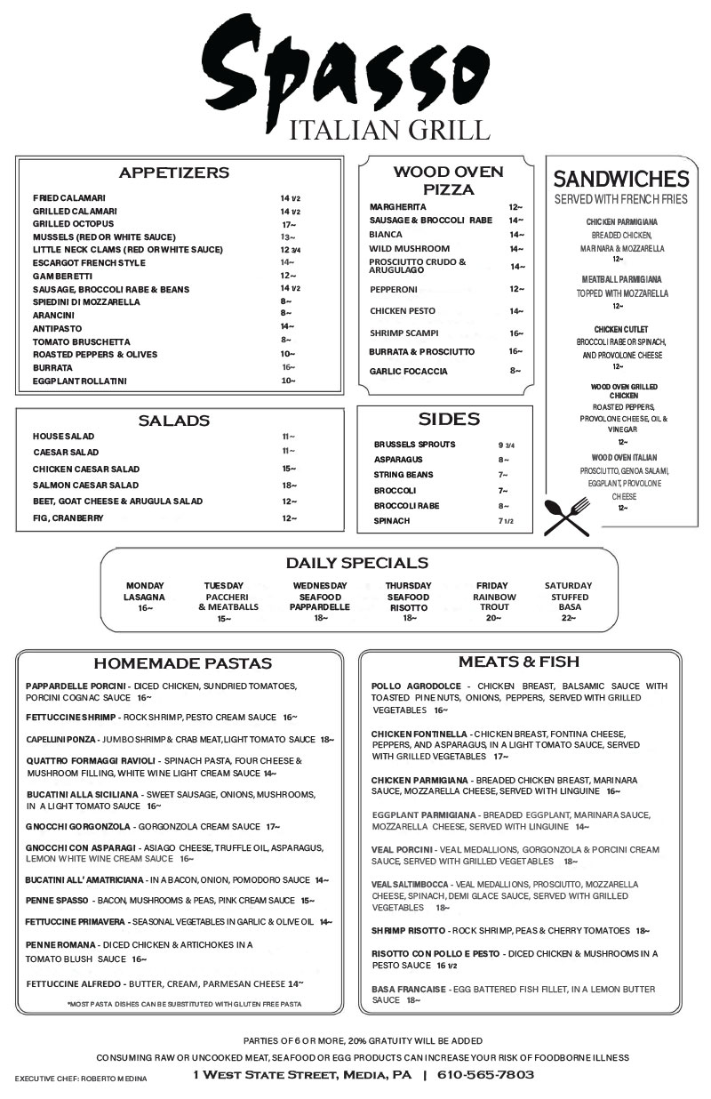 Spasso Lunch Menu