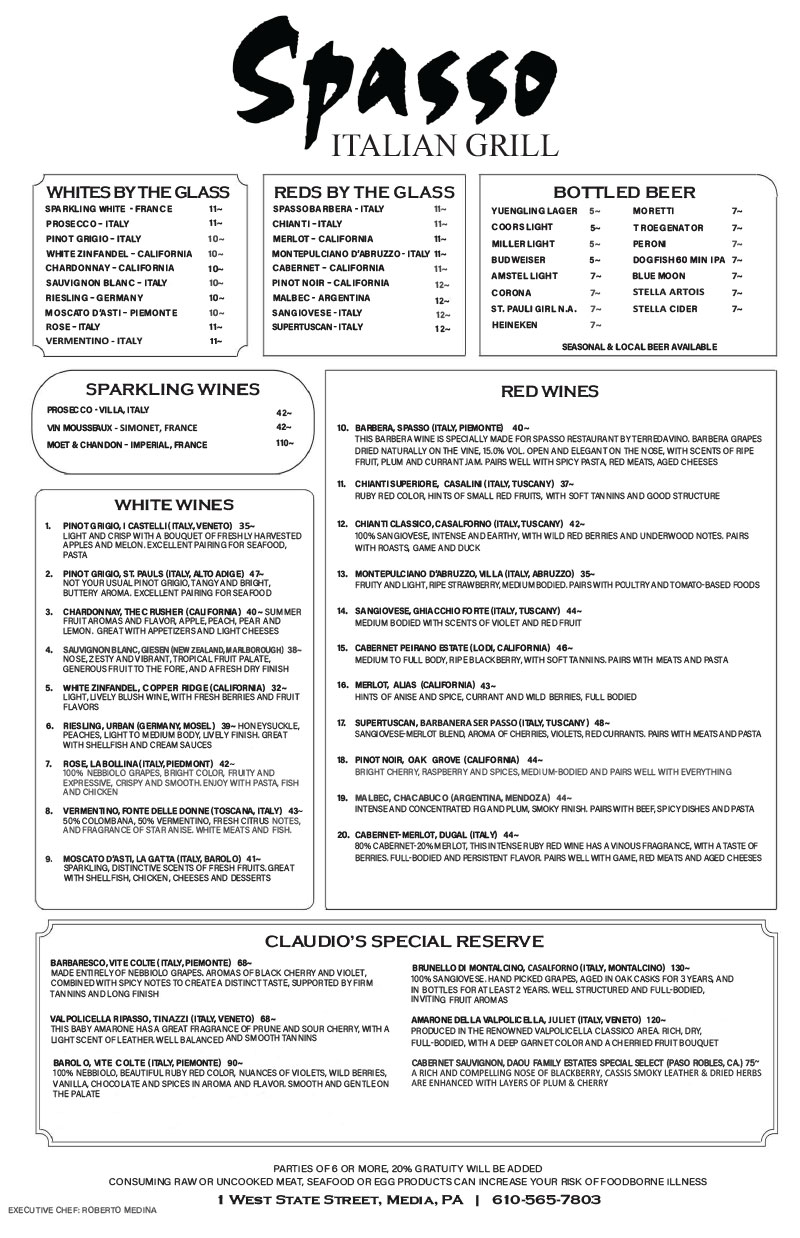Spasso Wine List
