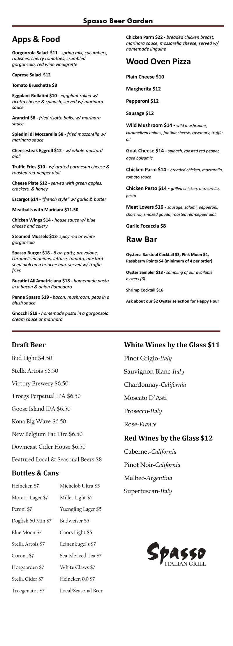Spasso Beer Garden Menu