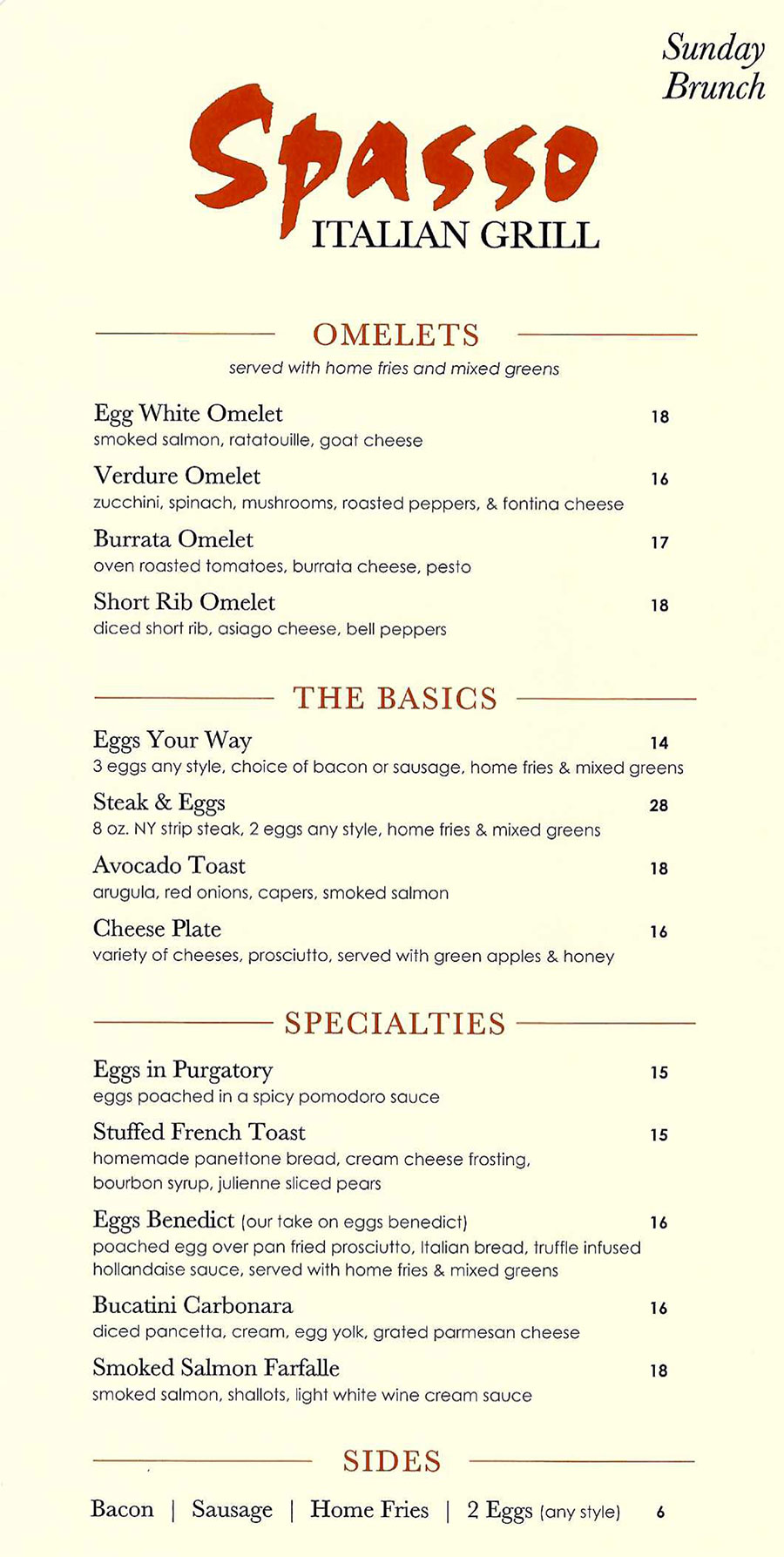 Spasso Brunch Menu